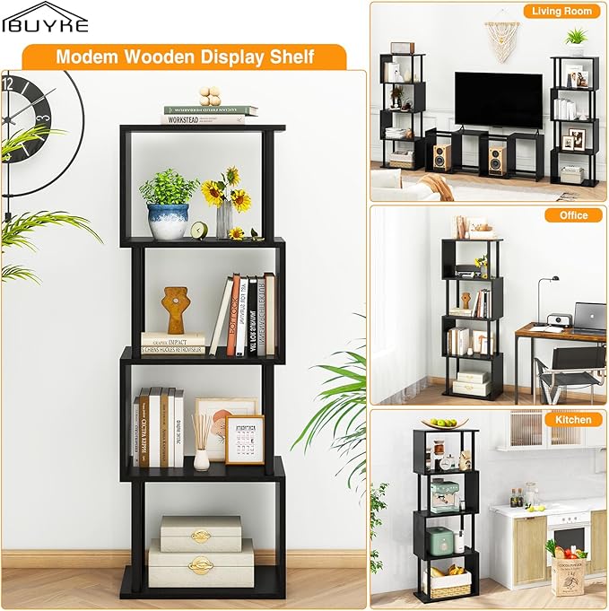 IBUYKE 5-Tier Tall Bookshelf,S-Shaped Geometric Bookcase, Wood Display Shelves with Storage,Modern Bookshelf for Living Room Bedroom, Home Office, Black WBC015B