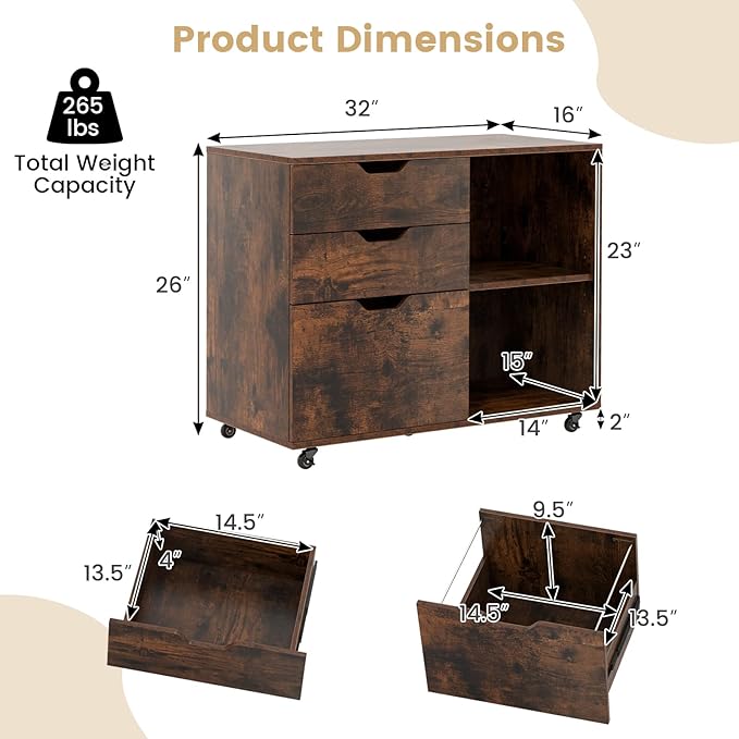3 Drawer File Cabinet, Wood Lateral Filing Cabinet for Hanging Letter, A4, Legal Size, Rolling Printer Stand with Adjustable Shelf, Under Desk Storage for Home Office (Brown)