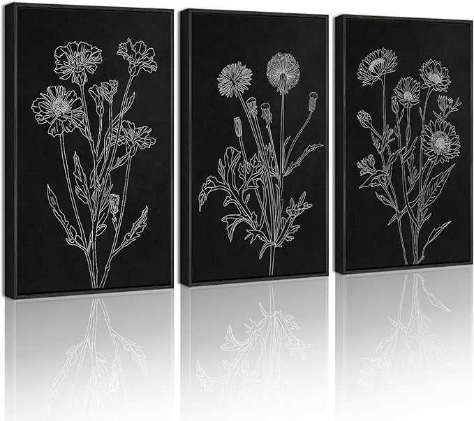 Drsoum Black White Flower Wall Art Vintage Minimalist Floral Wall Hanging Decor Bohemain Botanical Prints Artwork for Office Dining Room Hallway 11x14in Black Framed