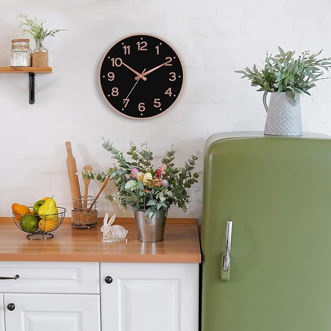 Wall Clock 12 Inch Silent Wall Clocks Battery Operated-Modern Non Ticking Analog Clock Decorative for Kitchen Bedroom Office (Black Rose Gold)