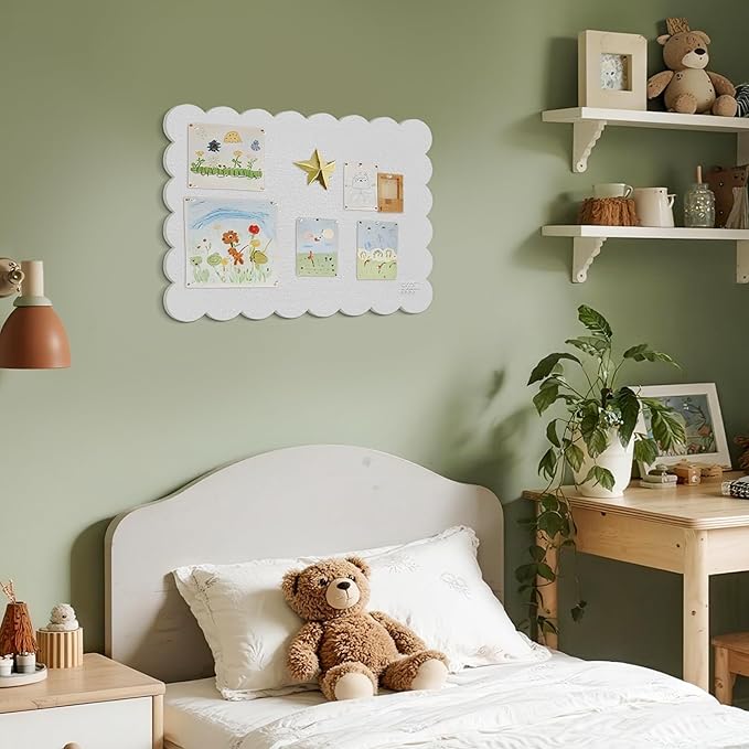 Scalloped Bulletin Board, 24 x 18 Inches Felt Pin Board - Decorative Cork Alternative for Wall, Foldable Picture Self-Adhesive Vision Prayer Board with 20 Pushpins - White