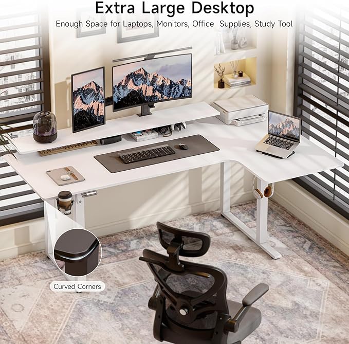 L Shaped Electric Standing Desk, 71x43'' Computer Desks with 2 Monitor Shelves, Dual Motor and Memory Controller, Gaming Corner Desk Adjustable Height from 28-46'' for Home Office Workstation, White