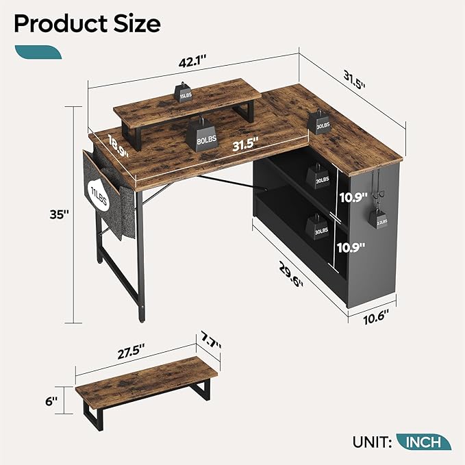 Bestier Small L Shaped Desk with LED Lights, 42 Reversible Computer Desk with Open Storage Cabinet & Monitor Stand, Corner Desk with Side Storage Bag for Home Office Bedroom, Rustic Brown