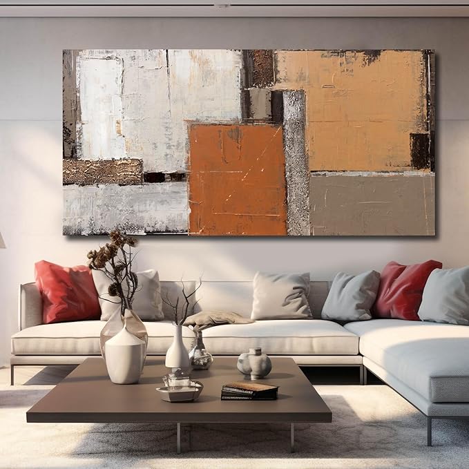 Artexist Orange Abstract Canvas Photo Prints Living Room White Artwork Brown Block Painting for Room 29"x 58" Office Wall Art Bedroom Hallway Decor