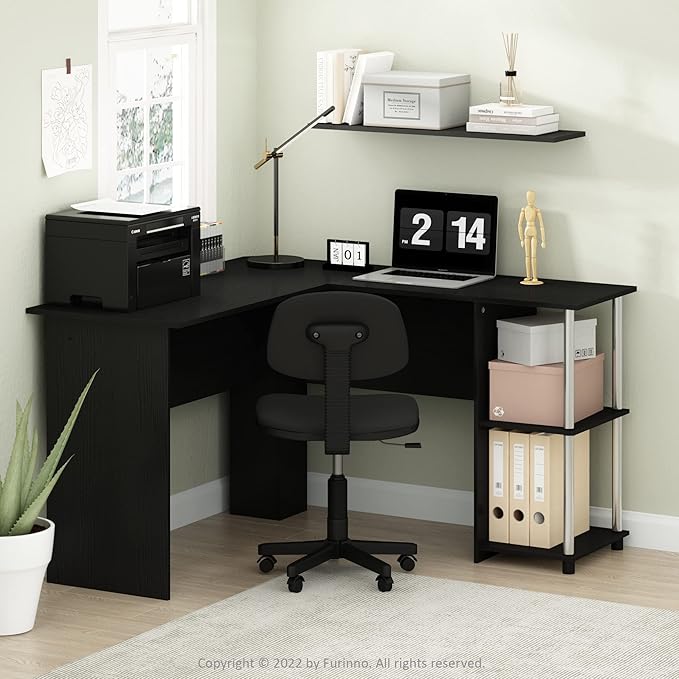 Furinno Abbott L-Shape Computer Desk with Stainless Steel Tubes Bookshelf, Americano/Chrome
