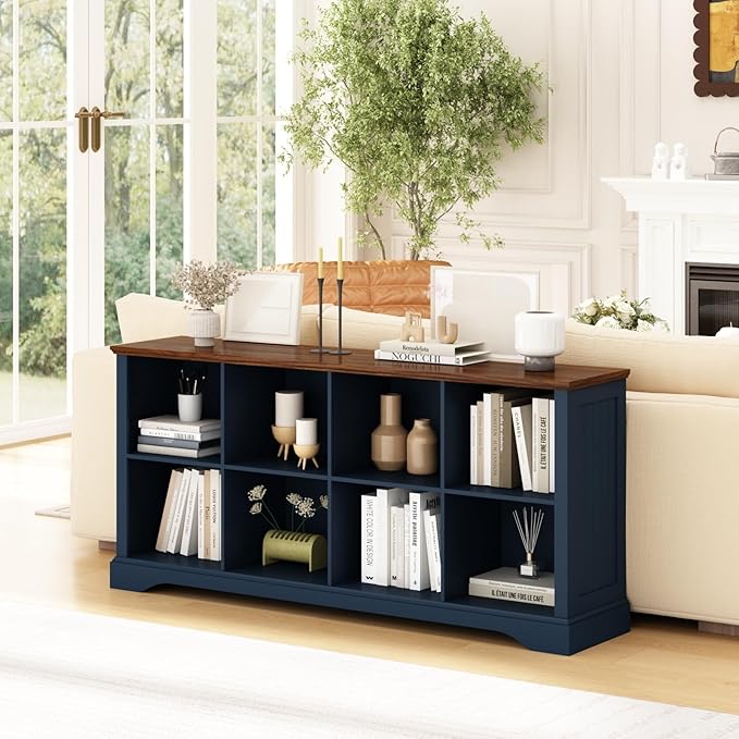 8 Cube Storage Organizer - 62" Long Horizontal Low Bookshelf,Farmhouse Wide Bookcase Open Shelf Wood Cubby Storage Console Cabinet for Living Room, Entryway, Office, Navy Blue