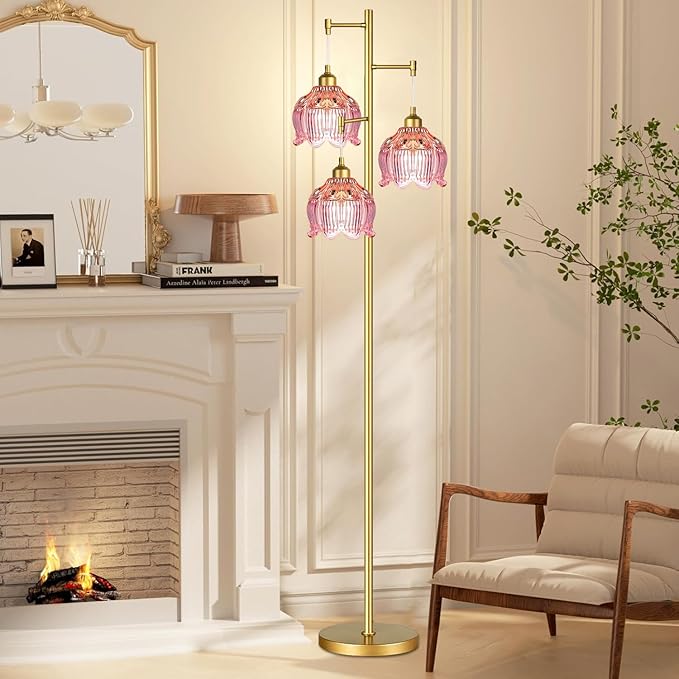Glass Floor Lamp for Living Room,Bedroom,Gold Flower Mid Century Modern Standing Lamp Brass Tree 3 Light Tall Floor Lamps Vintage Floor Lights Pink Lamp Shade Farmhouse Boho Bohemian