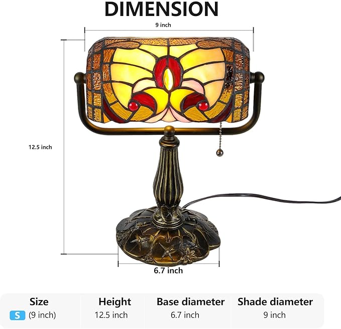 Tiffany Bankers Desk Lamp with Adjustable Shade, Baroque Style Stained Glass Piano Light with LED Bulb, Handmade Vintage Tiffany Desk Lamp for Office, Study, or Bedroom Décor.