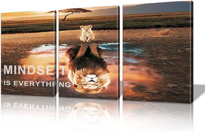 Mindset is Everything Wall Art Lion Motivational Wall Decor for Office Pictures Posters Framed Canvas Wall Art Prints Painting Artwork Decor Ready to Hang in Living Room Bedroom Classroom