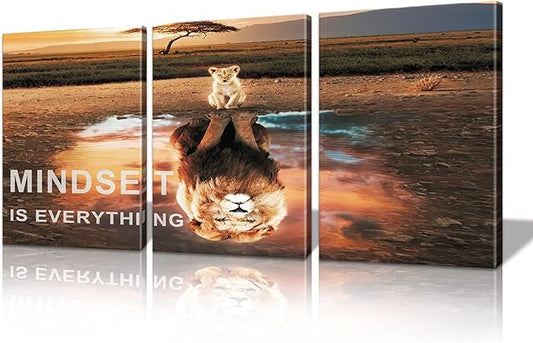 Mindset is Everything Wall Art Lion Motivational Wall Decor for Office Pictures Posters Framed Canvas Wall Art Prints Painting Artwork Decor Ready to Hang in Living Room Bedroom Classroom