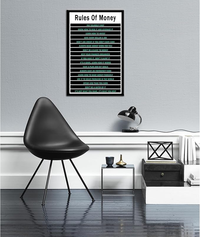 Inspirational Wall Art Rules Of Money Motivational Poster Quotes Wall Decor for Bedroom Bathroom Office Canvas Print Sign Framed Art Decoration Framed Ready to Hang [12''Wx18''H]