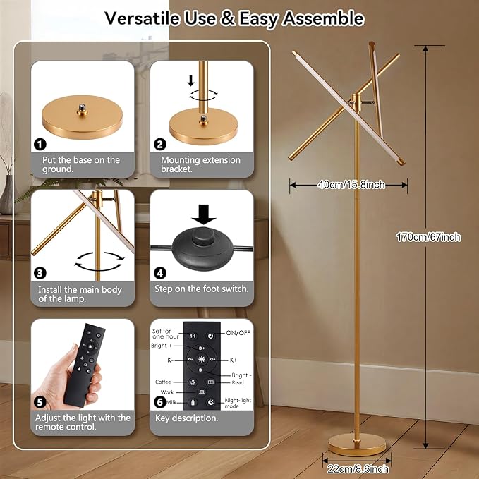 LED Dimmable Floor Lamp with Remote & Foot Switch, 2700–6000K Adjustable Color Temperature & Stepless Dimming, 3-Bar Linear Tall Standing Lamp, Slim Gold Corner Floor Lamp for Living Room Bedroom