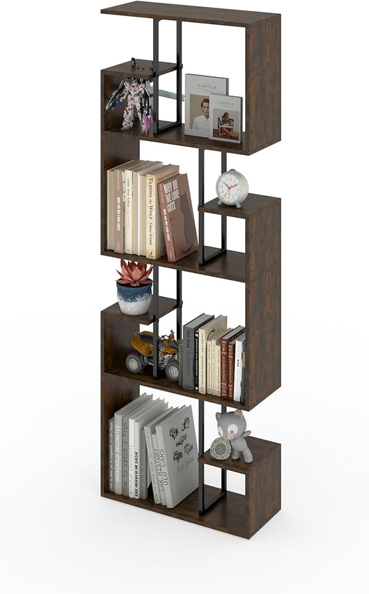 Manora 4 Tier Geometric Bookcase, S Shaped Bookshelf, Modern Black Brown Bookcase with Tall Display Shelves, Decorative Storage Shelf for Living Room and Bedroom,Dark Brown