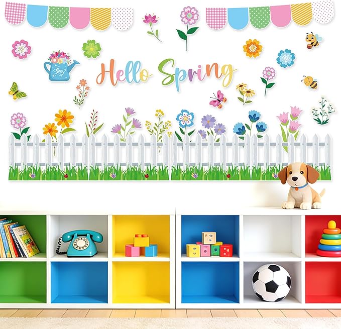 55Pcs Spring Bulletin Board Decorations Set Hello Spring Flower Cutouts Butterfly Bee Floral April Bulletin Board for Classroom Back to School Office Home Chalkboard Door Wall Decor