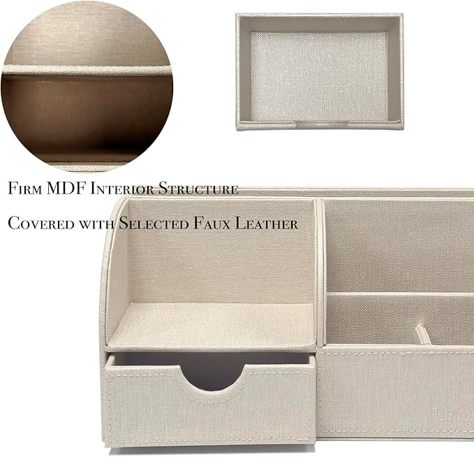 UnionBasic Desk Organizer - Multifunctional Leather Desktop Pen Holder Storage Box - Business Card/Pen/Pencil/Mobile Phone/Stationery Holder, Beige