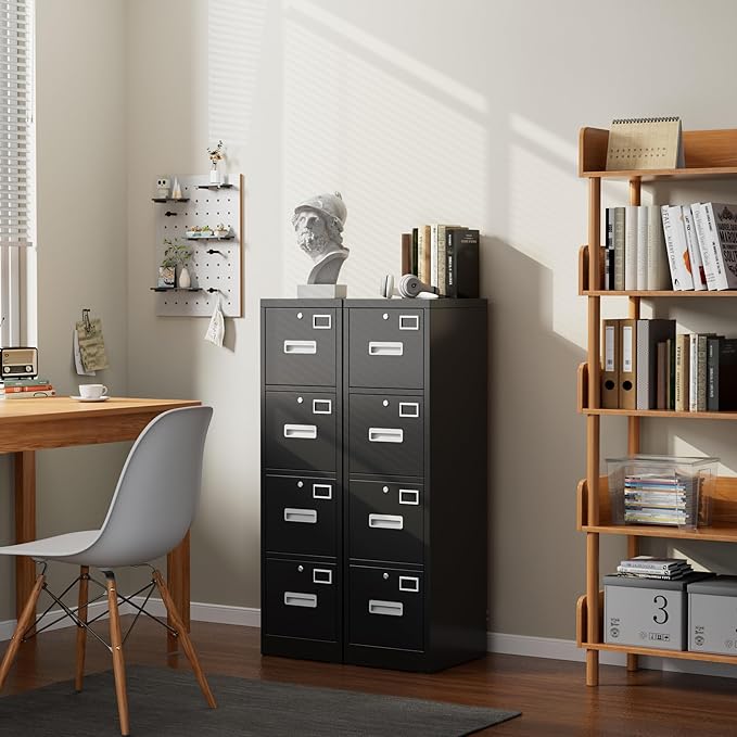 4 Drawer File Cabinet, Metal Vertical Black Filing Cabinets with Lock for Home Office with Name Card Holder for Letter/Legal/A4/F4 Size (Assemble Required)