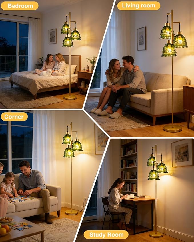 Lightdot 3-Lights Glass Floor Lamp Dimmable Gold Floor Lamp with Green Glass Shade 3000K Bulbs Included Unique Modern Standing Tall Lamp for Living Room/Bedroom/Sofa Beside/Corner Decor