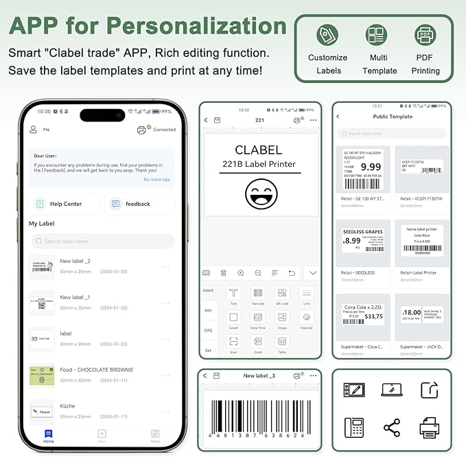 CLABEL Thermal Label Maker Machine: 2 Inch Portable Bluetooth Label Printer 221B Mini Wireless Barcode Printer Compatible with iOS & Android for Small Business Home Office Organization (Green)