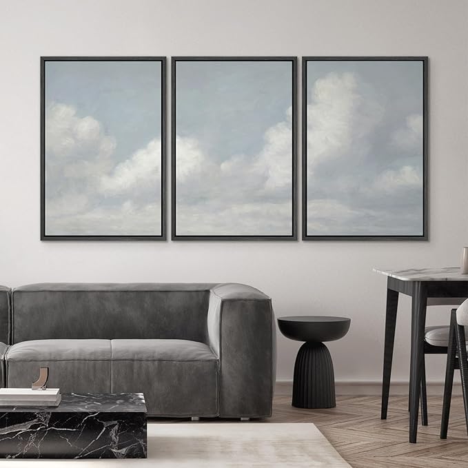 SIGNWIN Framed Canvas Print Wall Art Set Soft Sky and Clouds Minimalist Blue and White Cloudscape Illustrations Modern Art Decorative for Living Room, Bedroom, Office - 24"x36"x3 Black