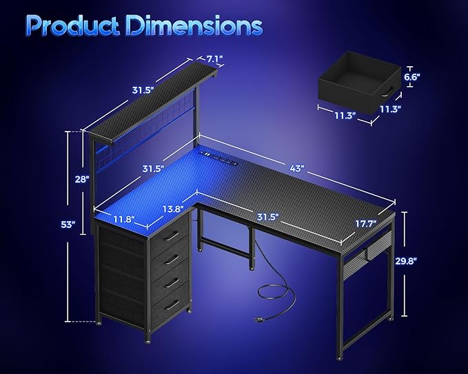 MOTPK 43” L Shaped Gaming Desk for Small Rooms, Compact Corner Computer Table with Shelf & Hutch, 4 Drawers, Reversible Study Desk with LED Light, Power Outlets & USB Ports, Black Carbon Fiber
