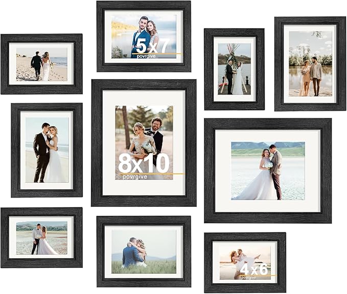 Picture Frames, Made of Real Glass and Wooden Frame, Gallery Photo Frames Set of 10 for Collage Wall Decor, Multi Sizes Including 8x10, 5x7, 4x6 for Mounting or Tabletop Display, Black