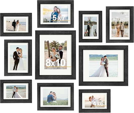 Picture Frames, Made of Real Glass and Wooden Frame, Gallery Photo Frames Set of 10 for Collage Wall Decor, Multi Sizes Including 8x10, 5x7, 4x6 for Mounting or Tabletop Display, Black