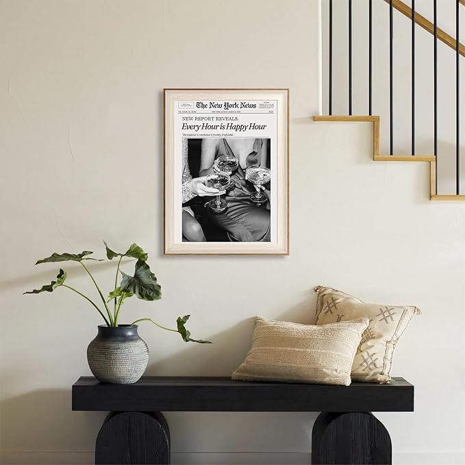 ASTRDECOR Framed Trendy NewsPaper Wall Art - Every Hour is Happy Hour, Retro News Prints Posters, New York Times Canvas Prints for Bar Cart Dorm Living Room Apartment Home Decor 12x16in