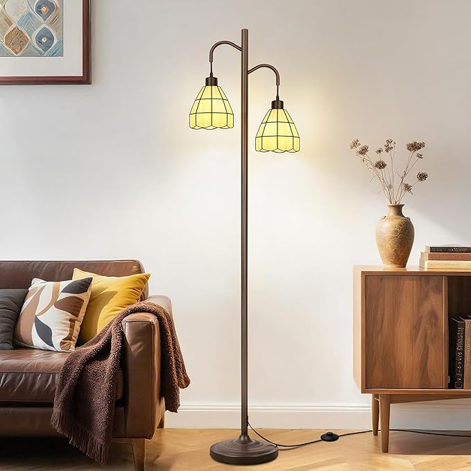 Floor Lamp with Dual Stained Glass Shades, Vintage Style Mid Century Tall Standing Lamp, Modern Farmhouse Decorative Corner Rustic Tree Light for Living Room Bedroom Home Office(E26 Base)