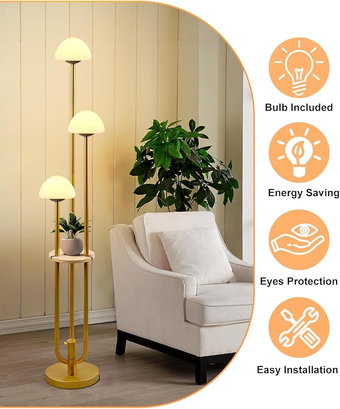 Gold Dimmable Floor Lamp with Table, Modern Floor Lamps for Living Room, 3000K Warm White Tall Standing Lamp with Mushroom Shades & Bulbs for Bedroom/Office