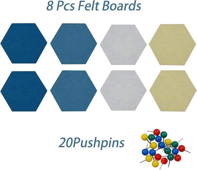 8Pcs Hexagon Felt Cork Board Tiles Self Adhesive Bulletin Board, Pin Board for Wall Decor Memos Photos Display (Set A)