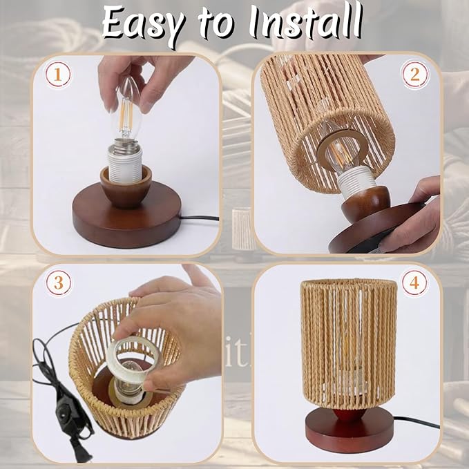 Rattan Table Lamp, Boho Bedroom Bedside Small Lamps with Warm White LED Bulb, Vintage Wooden Nightstand Nightlight, Rustic Handmade Woven End Desk Lamps for Bedroom Living Room Study Kids Room