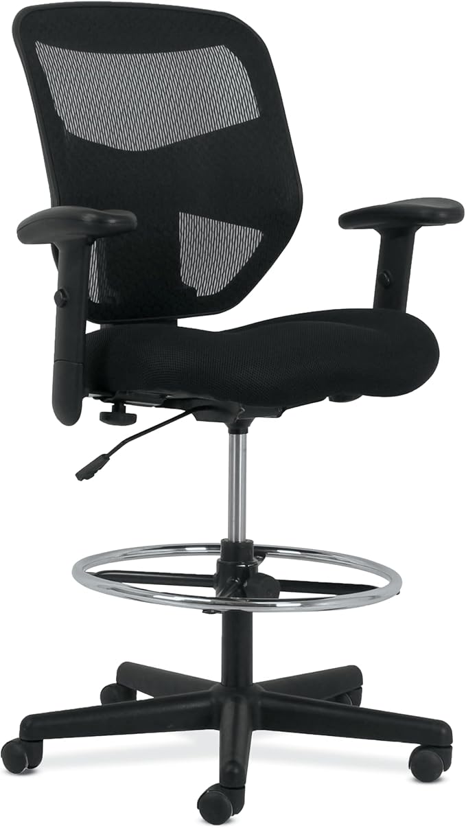 HON Prominent Mesh Ergonomic Standing Office Drafting Chair with Adjustable Arms, Footrest, 360 Swivel Task Chair for Computers, Desk, Home Office, Black