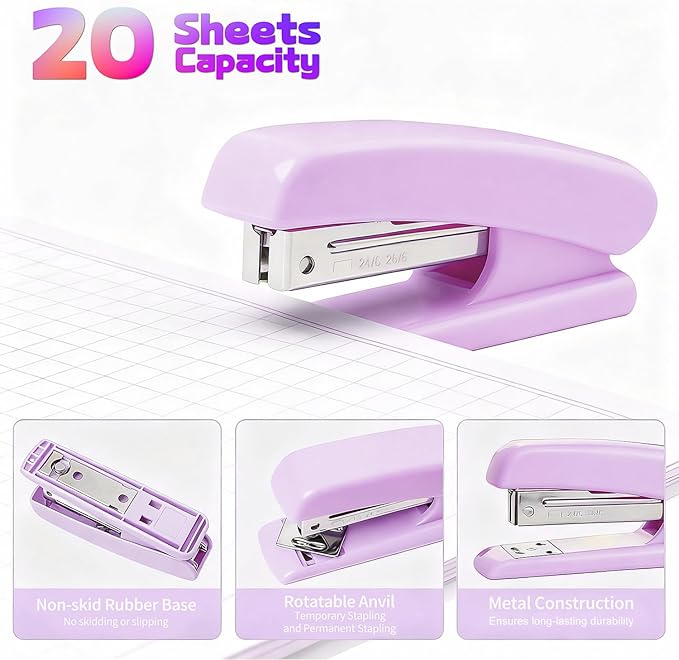 10pcs Purple Office Accessories for Women, Office Supplies Set, Desk Organizer with 360° Rotating Pen Holder, Stapler, Staple Remover, Tape Dispenser, Scissor, Ruler, Gift for Students, Office Clerks