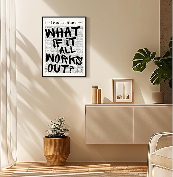 What If It All Works Out Wall Art Retro Black and White Newspaper Motivational Poster Positive Affirming Quote Minimalist Canvas Print for Bedroom Living Room Home Decor 24x36inch Aluminum Framed