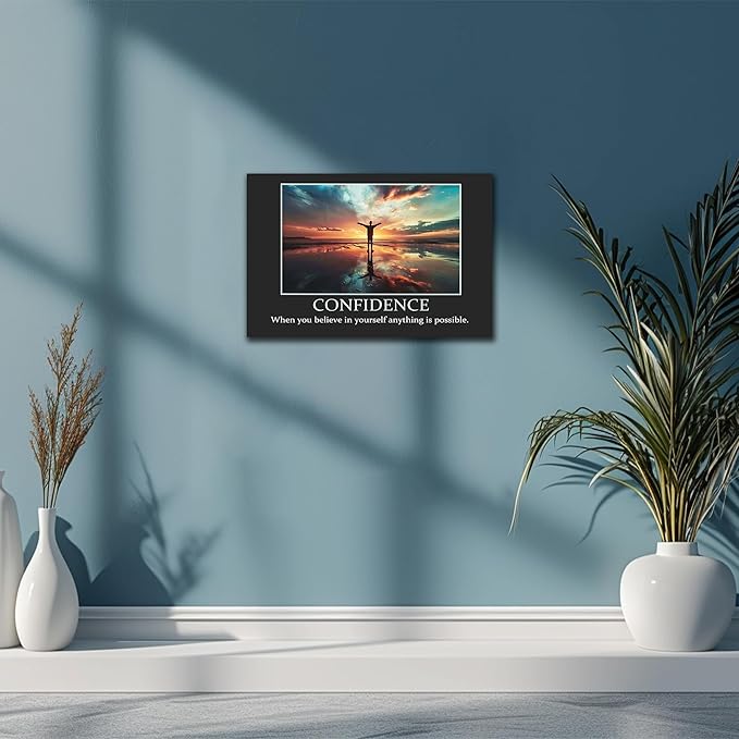 UZMKM - Inspirational Wall Art, Black Background Motivational Confident Picture, Quote Saying Canvas Print for Home Office Decor, Company Poster Framed Artwork for Office Wall Decor 12x18 Inch