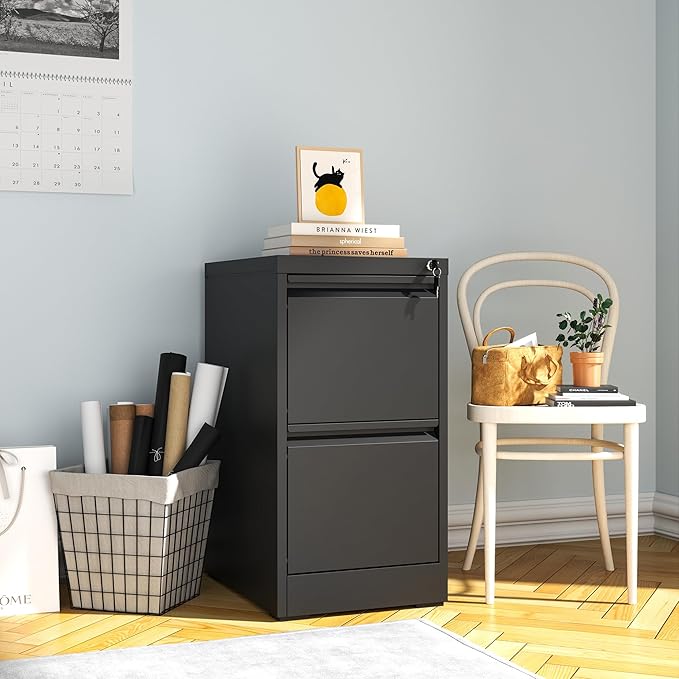 2 Drawer File Cabinet, Vertical File Cabinets with Lock for Home Office,Heavy Duty Office Steel Filing Cabinet for Hanging Letters/Legal/A4, Assembly Required (Black)