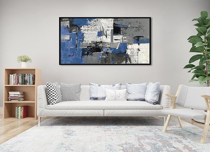 Blue Abstract Canvas Wall Art for Living Room, Modern Bedroom & Gray Decor for Work Blue & Black Textured Paintings Pictures Wall Decor 20" x 40"(Framed)