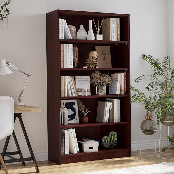 Bookcase Adjustable Storage Shelves,5-Tier Modern Wood Bookcase for Bedroom,60-Inch Bookshelf, Office, Living Room & Library(Mahogany)