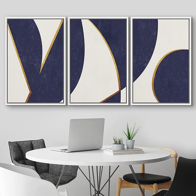 IDEA4WALL Framed Canvas Print Wall Art Set Art Deco Mid-Century Blue Gold Polygons Abstract Shapes Illustrations Modern Art Decorative Contemporary for Living Room, Bedroom, Office - 16"x24"x3 White