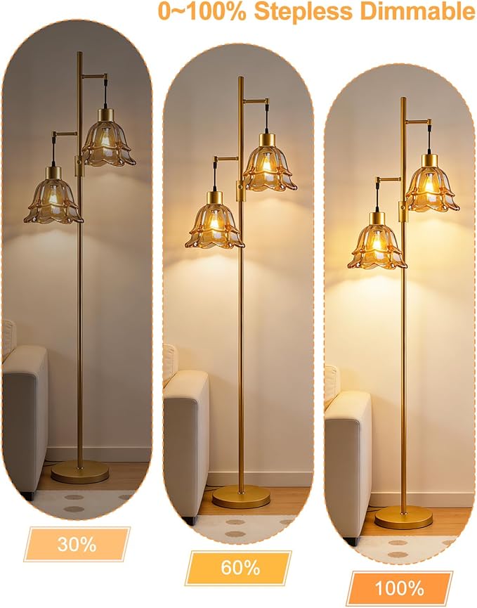 Lightdot 65IN Gold Flower Floor Lamp for Living Room, 2-Light Dimmable with Amber Glass Lampshade, 3000K Warm White Modern Standing Tall Lamp for Bedroom Sofa Beside Corner Decor