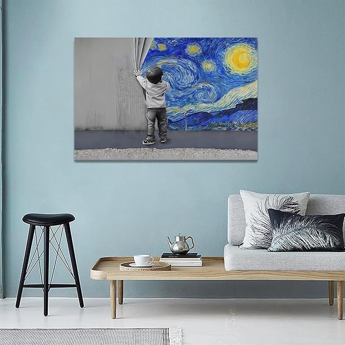 Banksy Wall Art Boys Starry Night Street Graffiti Pictures Wall Decor Kids Canvas Painting Pop Home Modern Artwork Decorations Framed for Living Room Bedroom Bathroom Office 24 x 16 inch