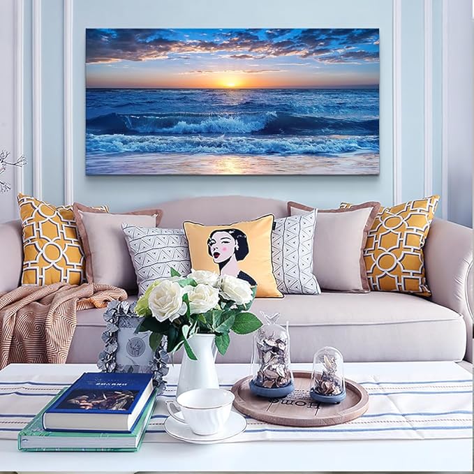 Wapluam Large Canvas Wall Art For Office Farmhouse Living Room Ocean Beach Wall Paintings Blue Sea View Wave Wall Pictures Framed Prints Artwork Modern Bedroom Home Decor 30"X 60"