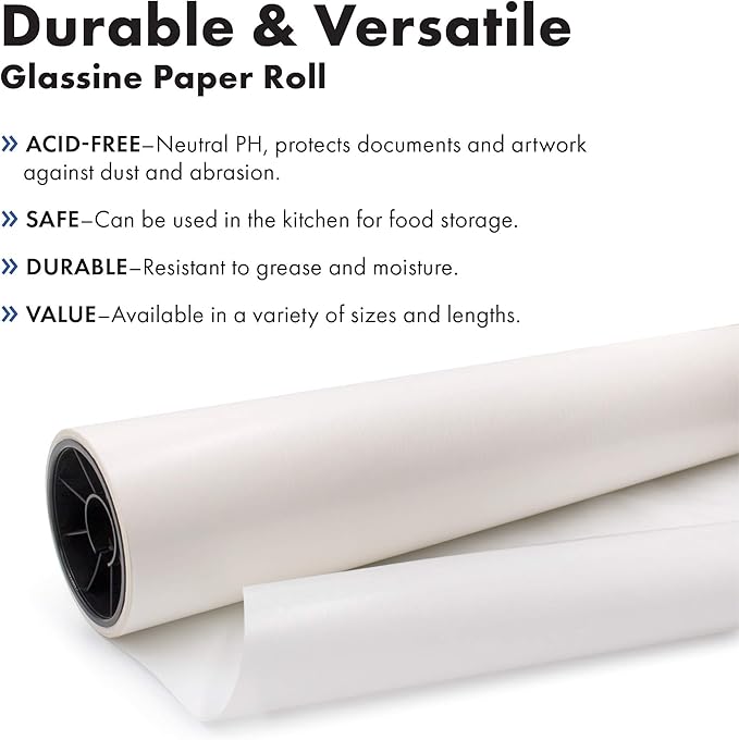 Glassine Paper 36" x 60' Premium Acid-Free Neutral pH. Archival Safe, Translucent, Grease-and Moisture-Resistant. Protect Artwork, Photos, documents, and Safe Food Wrapping. The Paper Factory LLC