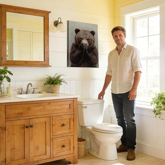 YOUHONG Funny Bear Bathroom Decor with Wooden Frame, Lightweight Bathroom Bear Holding Nose Wall Art Humor Animals Painting for Restroom Toilet,Funny Animals Posters Ready to Hang 24x36 Inches