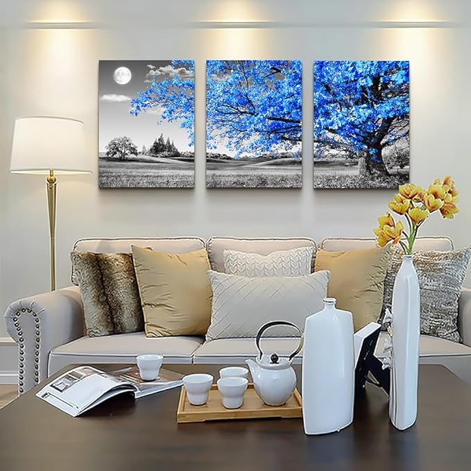 Lapremoly Canvas Wall Art For Salon Living Room Large Wall Decor For Office Bedroom Decor Black And White Nature Landscape Pictures Blue Trees Paintings Modern Home Walls Artwork 3 Pieces