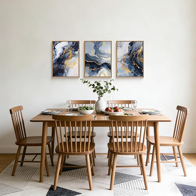 Abstract Navy Blue Framed Canvas Wall Art,Modern Gold Geometric Wall Decor,Vintage Ink Wash Painting,Neutral White Wave Artwork for Living Room,Bedroom,Dining Room,Office - 12"x16"x3