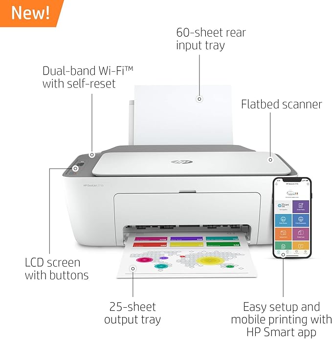 HP DeskJet 2755 All-in-One Wireless Printer Scanner Copier Instant Ink Ready Mobile Print Black 7.5ppm Color 5.5ppm Wifi Inkjet Computer Printers for Home Use and Office, Grey (Renewed)