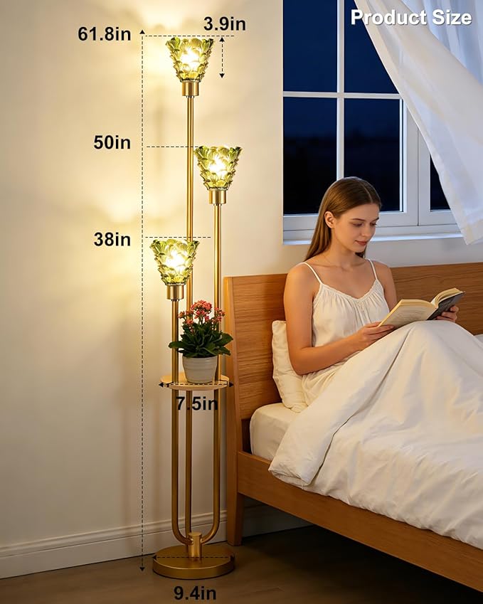 3-Light Modern Glass Floor Lamp with Shelf, Gold Tall Standing Lamp with Green Flower Glass Shade, LED Floor Lamp with Foot Switch for Living Room Bedroom Home Decor, Bulb Included