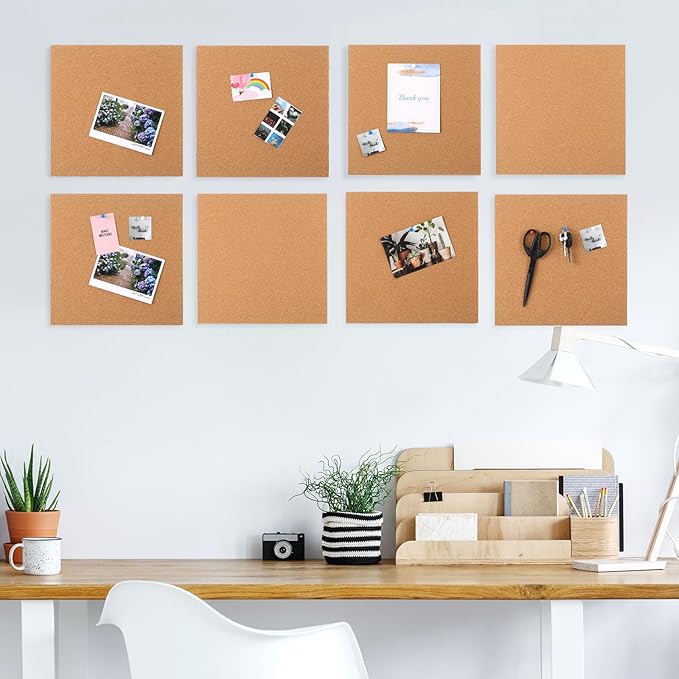 Crtiin 8 Pcs Square Cork Board Tiles 12"x12" 1/4" Thick Bulletin Boards Natural Cork Sheets with Self Adhesive Backing Brown Corkboards for Wall School Office Home DIY Supplies