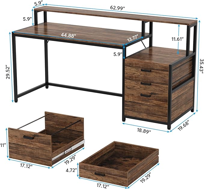 Tribesigns 63 Inch Computer Desk with File Drawer Cabinet, Ergonomic Office Desk with Monitor Stand, Industrial Computer Table with Printer Space, Wood PC Table Workstation Desk for Home Office